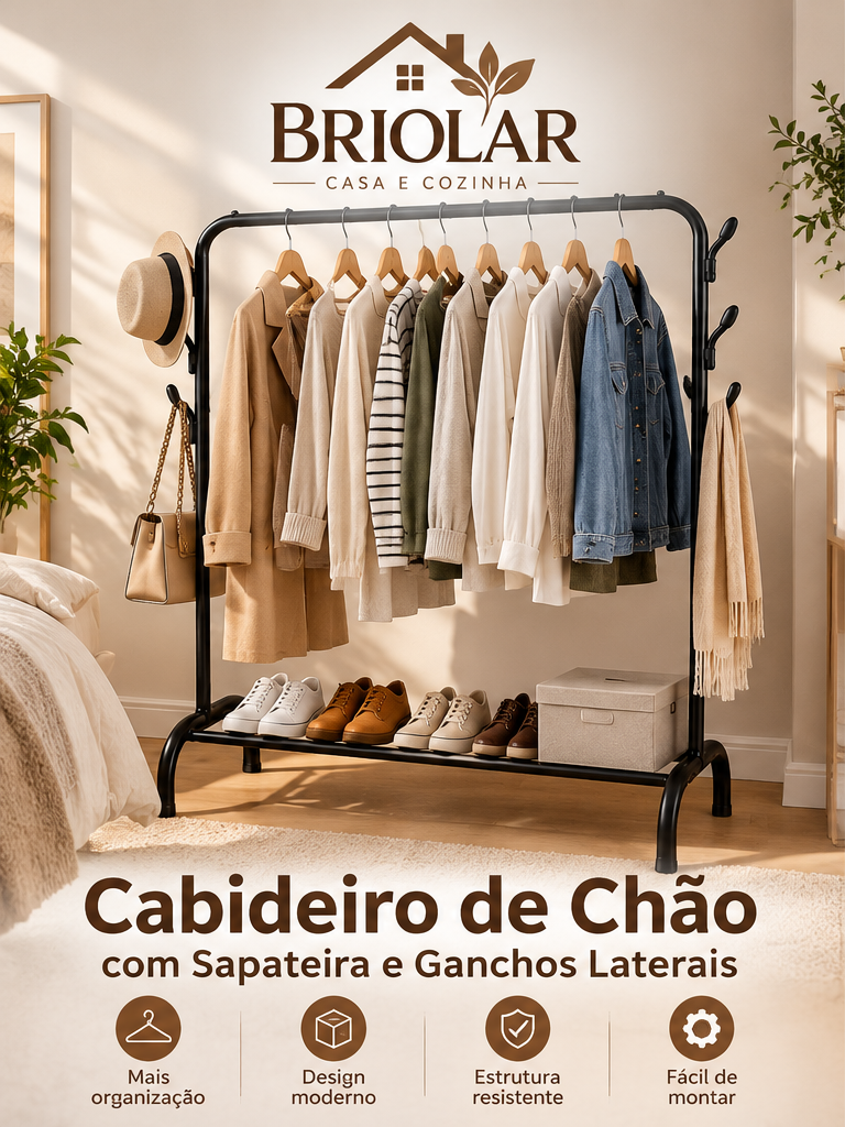 Charriot de Roupa com Sapateira e Ganchos Laterais – Preto | 150 × 96 × 45 cm - Image 2