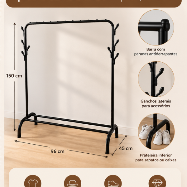 Charriot de Roupa com Sapateira e Ganchos Laterais – Preto | 150 × 96 × 45 cm