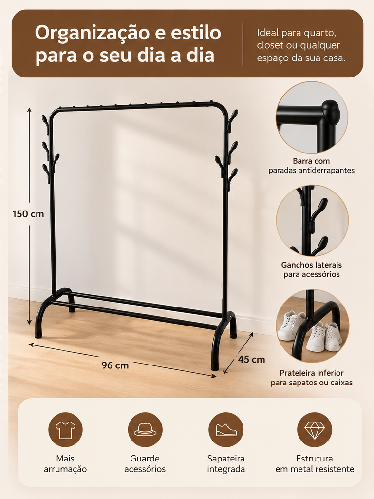 Charriot de Roupa com Sapateira e Ganchos Laterais – Preto | 150 × 96 × 45 cm