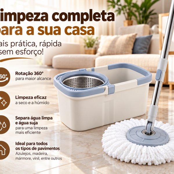 Esfregona Rotativa 360° com Balde e Microfibra