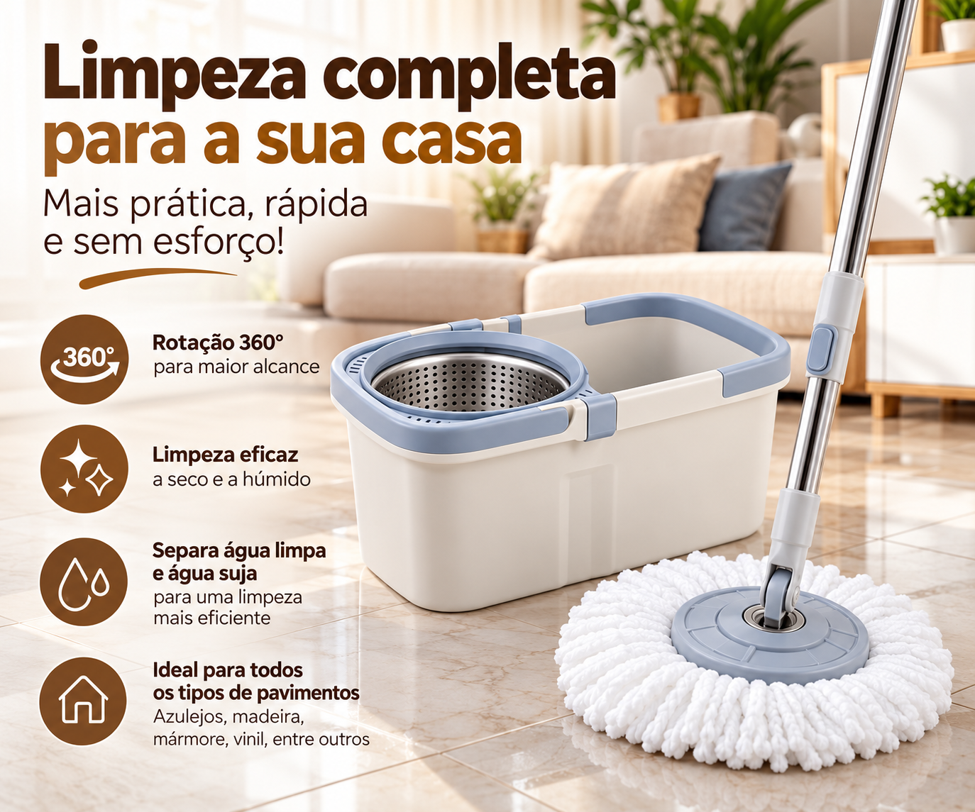Esfregona Rotativa 360° com Balde e Microfibra